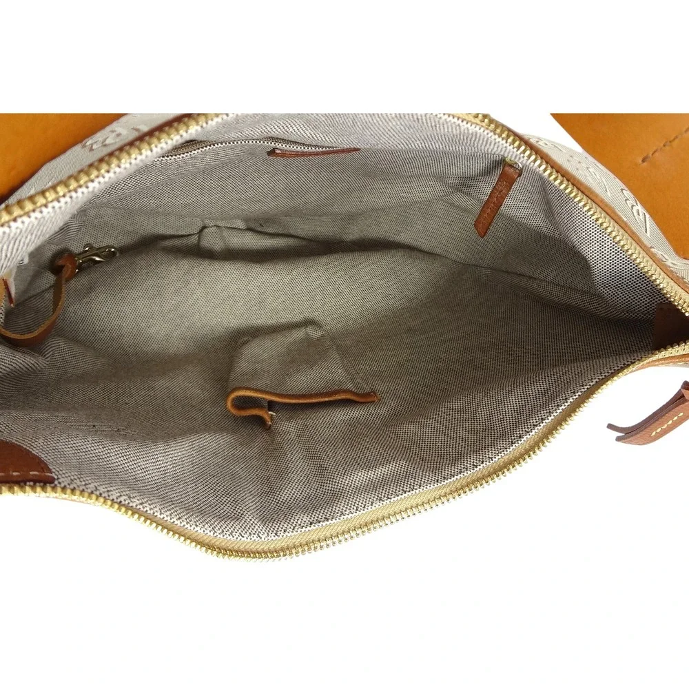 Dooney & Bourke Monogram Shoulder Bag‎ Tan Brown Leather Trim Hobo Bag